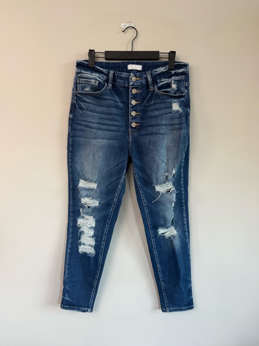 KanCan Distressed High-Rise Button-Fly Jeggings - Dark Blue